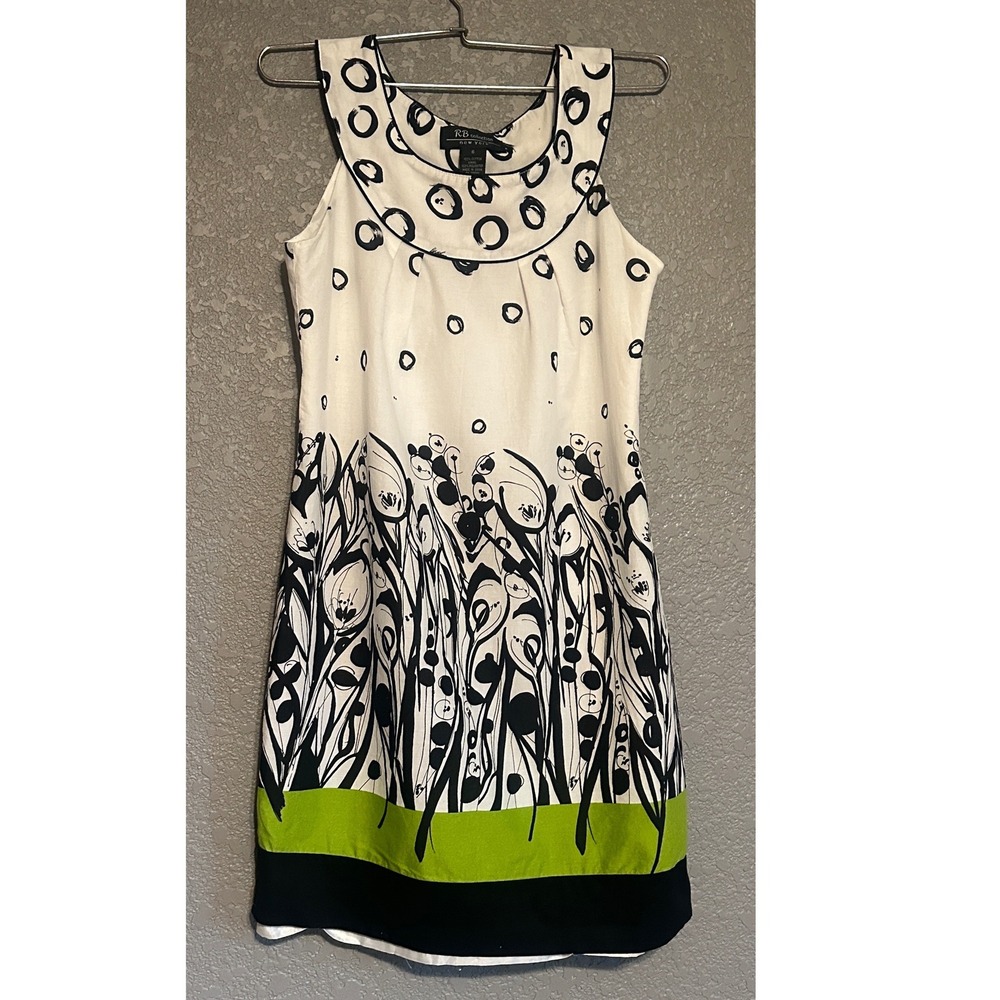 RB Collection New York Floral Circle Cotton Shift Dress White Black Green 6‎